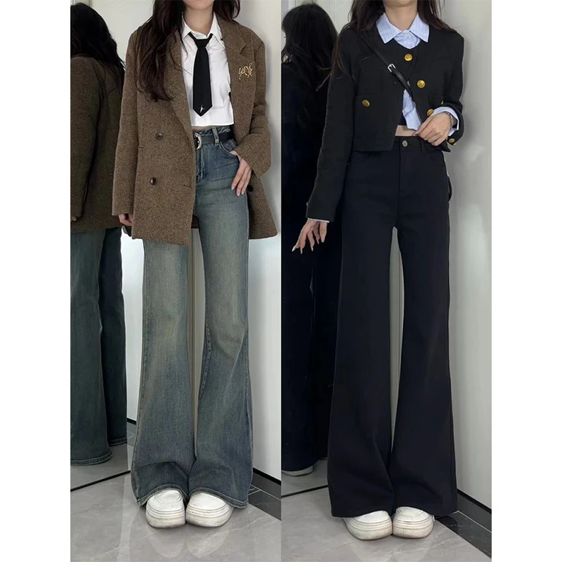复古蓝不贴腿微喇牛仔裤女2025年春秋款显瘦梨形身材弹力喇叭裤子
