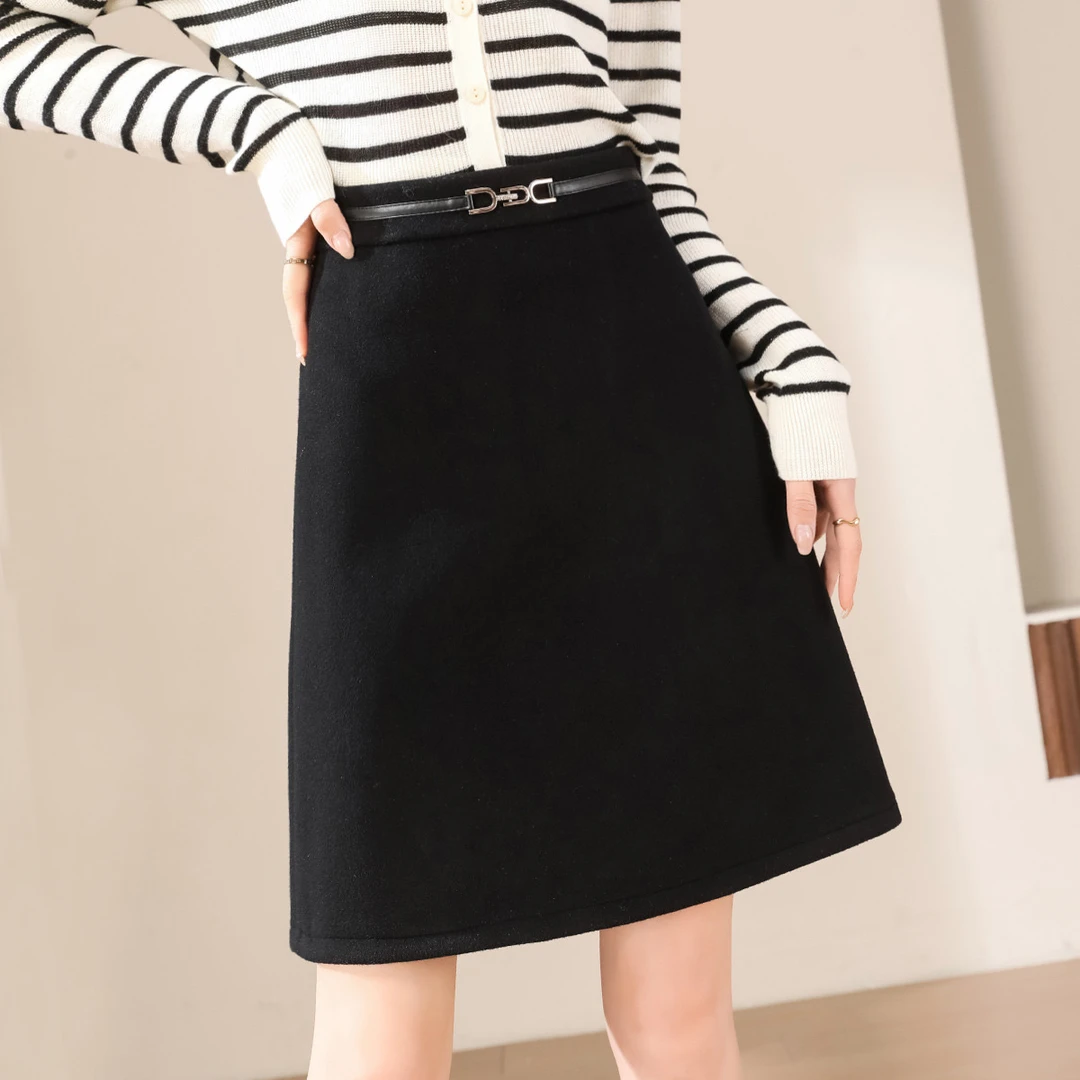尚静通勤风绵羊毛呢料保暖高腰半身裙2025秋季新款简约百搭舒适