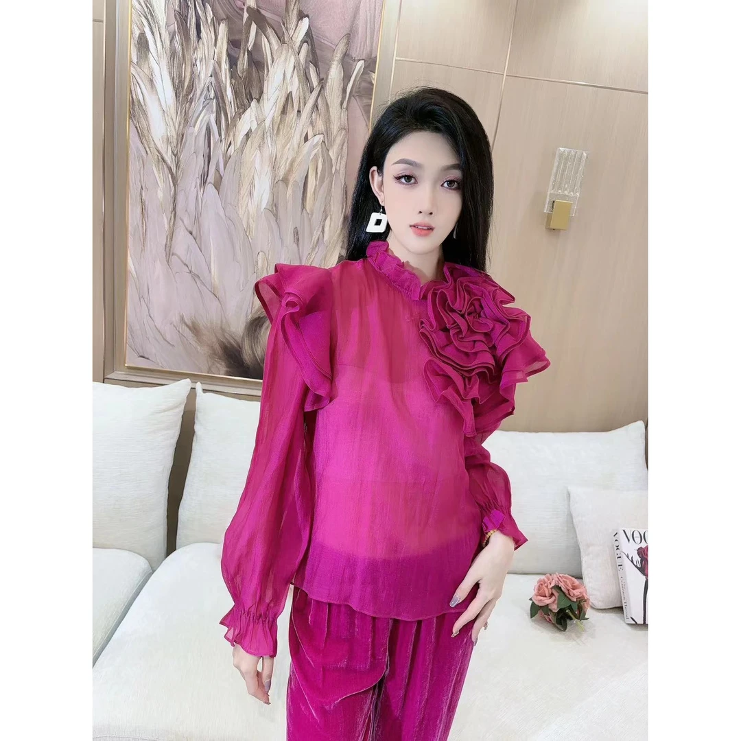 独宠【风浅秋樱】网红气质显瘦时尚复古叠加荷叶边衬衫