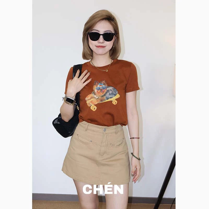 【约克夏】晨总自制卡通休闲小狗印花百搭通勤圆领冰感夏季T恤女