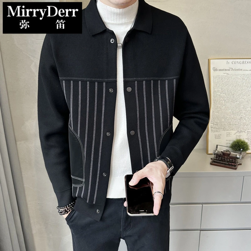 秋季2025新款男士毛衣短款时尚开衫外套男装韩版修身条纹翻领线衣