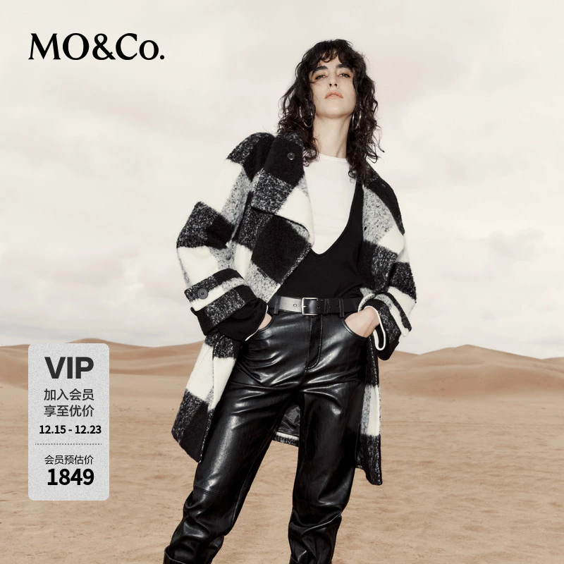MOCO冬季绵羊毛羊驼毛黑白格纹中长款高领大衣MBD3OVCK01