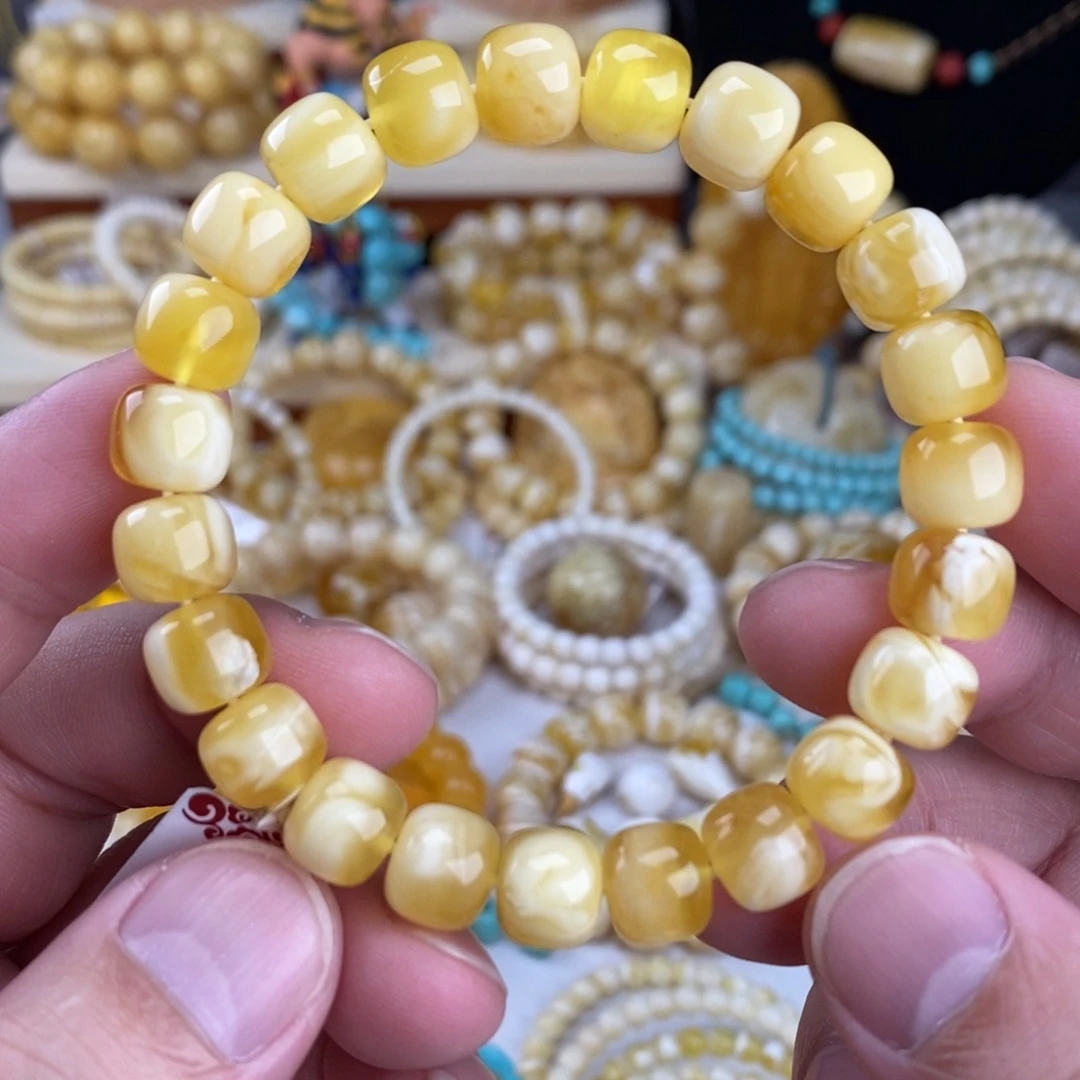 蜜蜡未镶嵌手链金瓷白妖花10mm