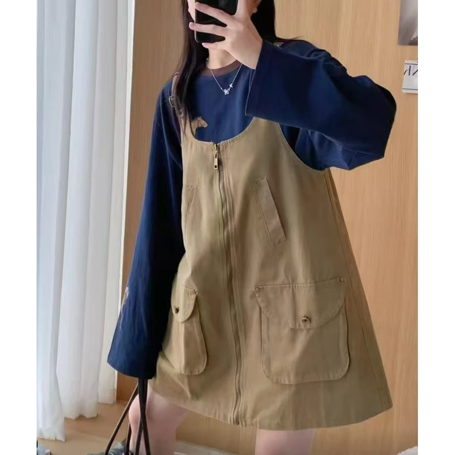 姜小牙【甜酷灵感】南油秋季大码口袋拉链工装个性背带裙5081