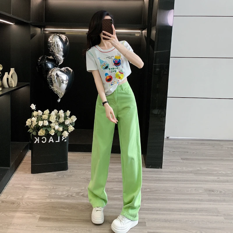 2025夏季薄款卡通印花短袖T恤女百搭显瘦上衣阔腿裤牛仔裤直筒裤