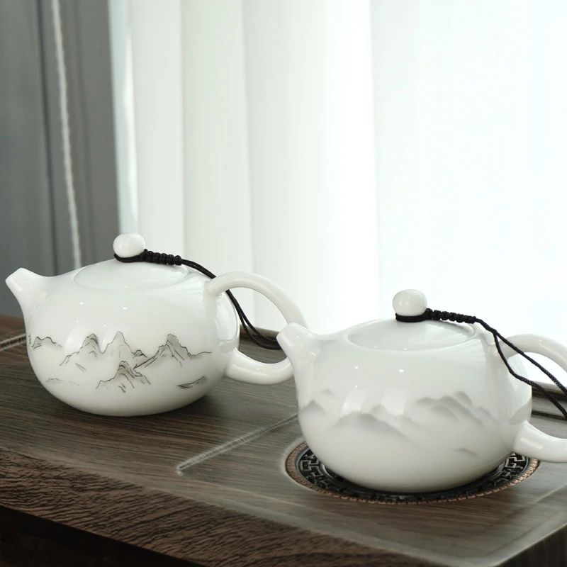 陶瓷羊脂玉白瓷水墨远山手工凤鸣西施壶茶具泡茶壶纯手工