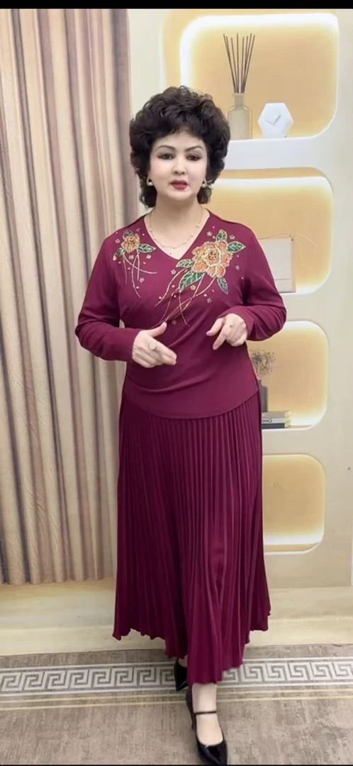 优雅风秋季V领百褶裙长裙连衣裙夏季女士旗袍民族风