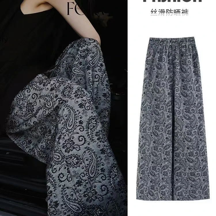 现货腰果花复古印花休闲裤女夏季新款松紧腰显瘦百搭直筒阔腿裤子