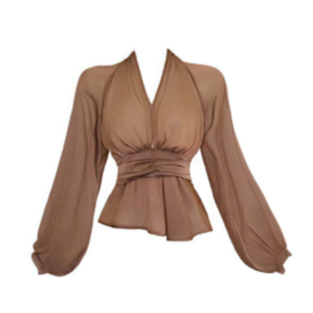 1法式泡泡袖V领雪纺衫女夏季新款高级感收腰宽松显瘦百搭小衫上衣