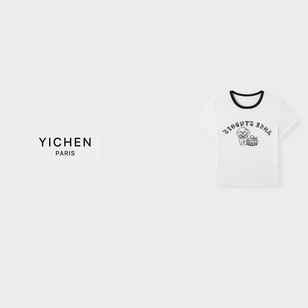 YC 黑白拼色刺绣小狗图案童趣休闲T恤-3420