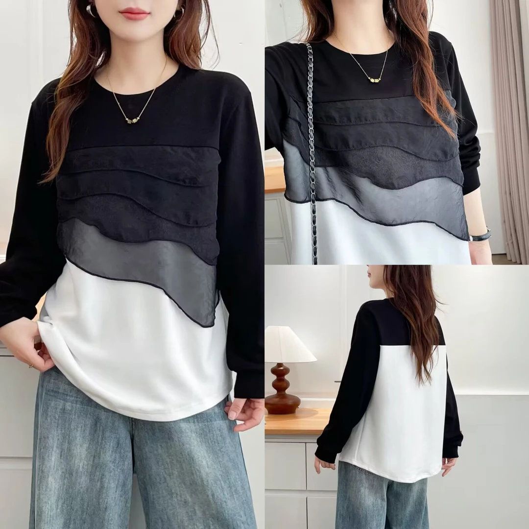 2025年秋季常规不褪色长袖拼接秋季吸湿卫衣百搭假两件上衣宽松