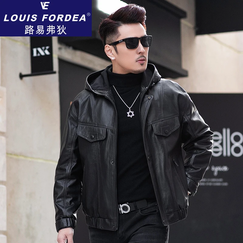 Louis Fordea路易弗狄皮衣男士机车皮夹克高档百搭短款连帽韩版宽