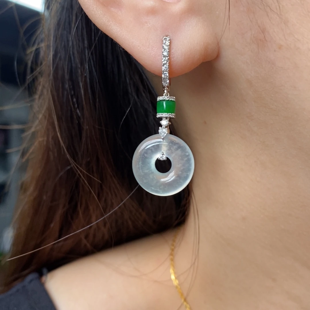 翡翠18K金镶嵌耳饰冰圈圈耳坠 一对发货