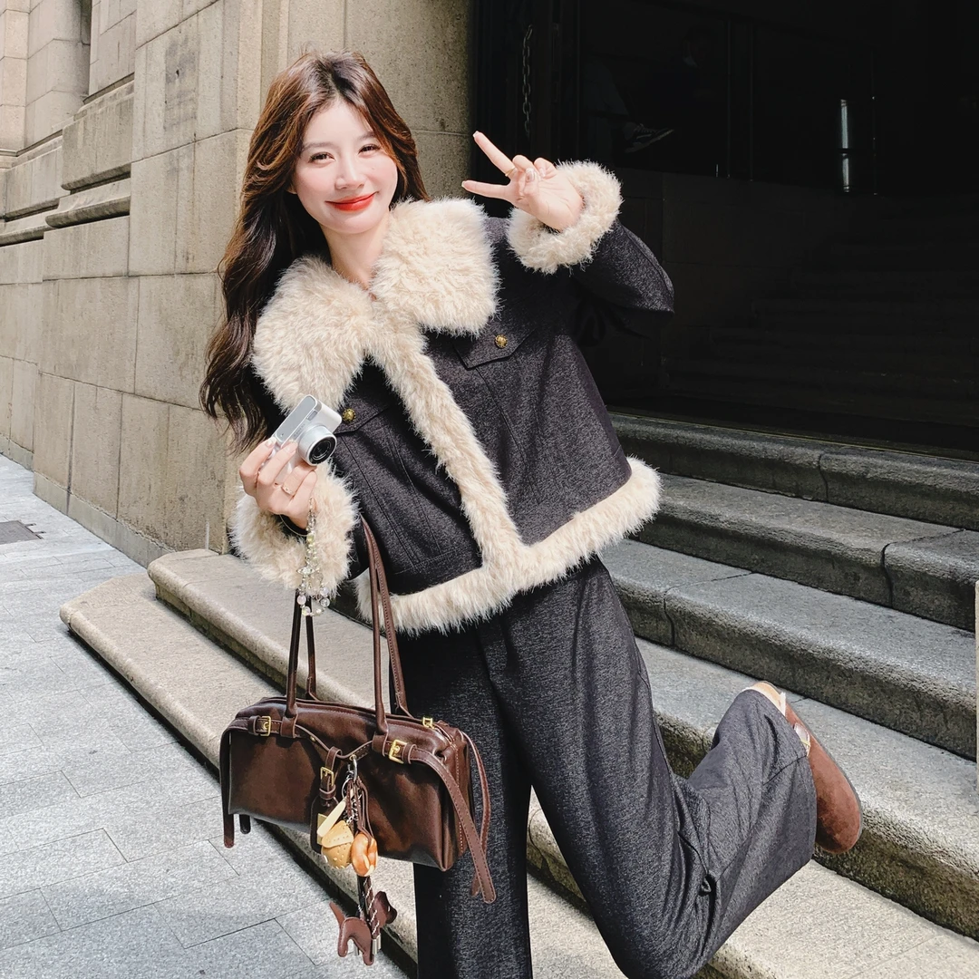 拽姐酷飒时髦牛仔毛毛外套阔腿裤套装女2025秋冬款夹棉薄绒两件套