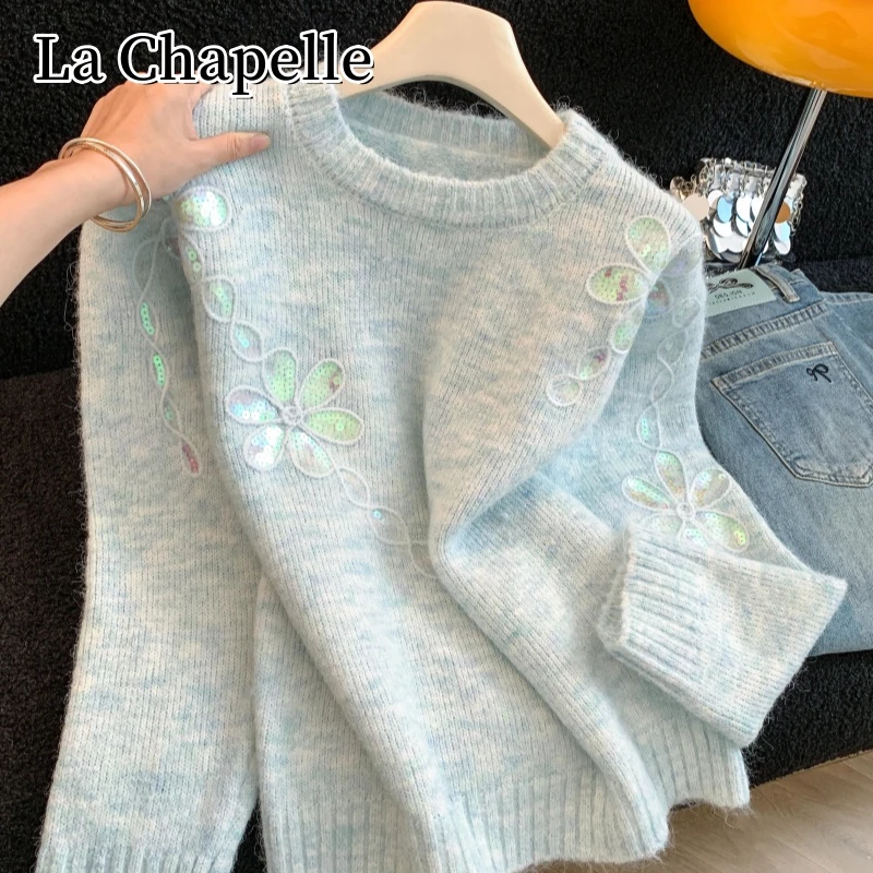 拉夏贝尔秋冬新款圆领亮片花朵毛衣甜美百搭宽松显瘦软糯针织上衣