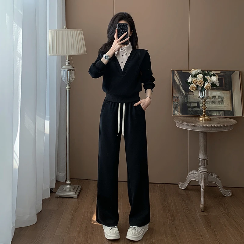 高级感黑色休闲运动套装女春显瘦品牌假两件拼接卫衣阔腿裤两件套