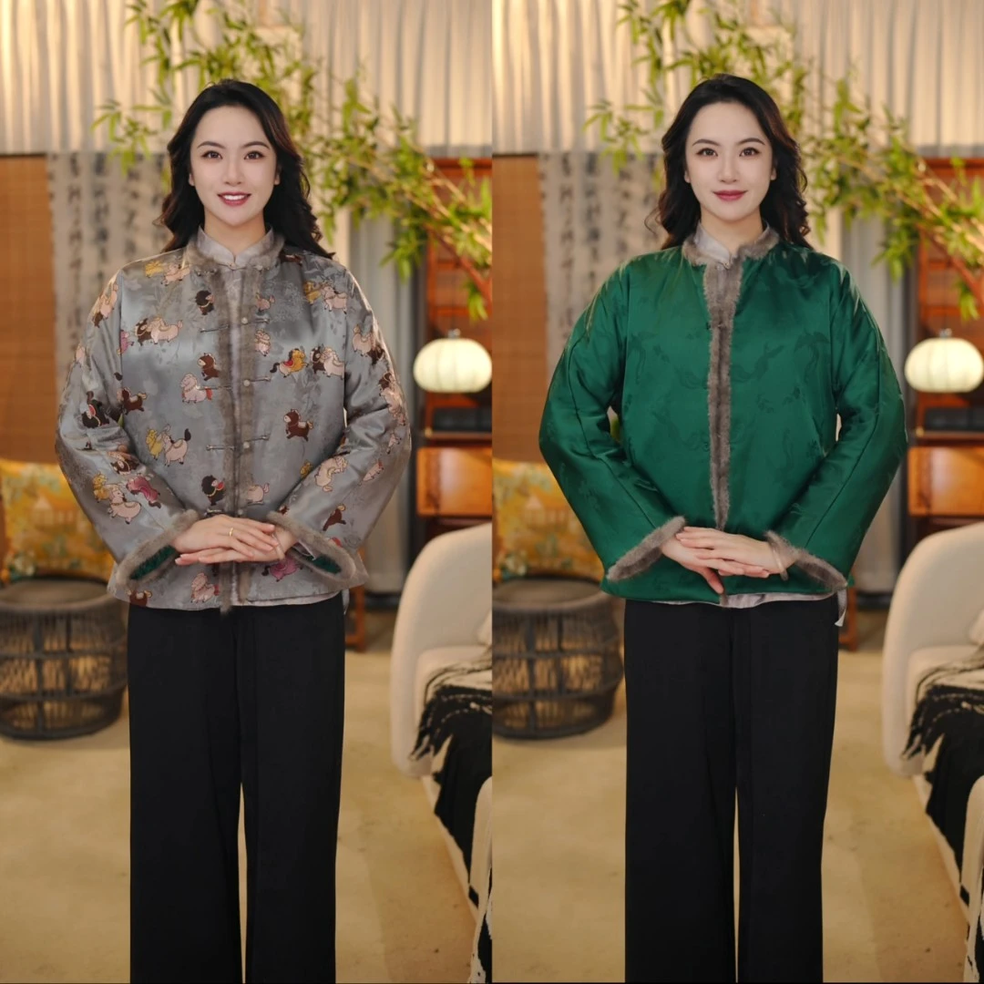 【欢腾】新中式桑蚕丝加棉上衣时尚中国风圆领双面穿外套G518132