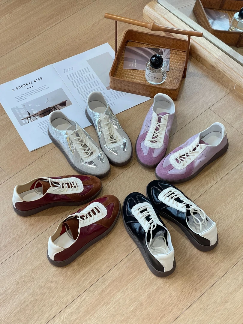 “初见”小众复古真皮轻便德训鞋软面软底透气圆头休闲运动阿甘鞋女