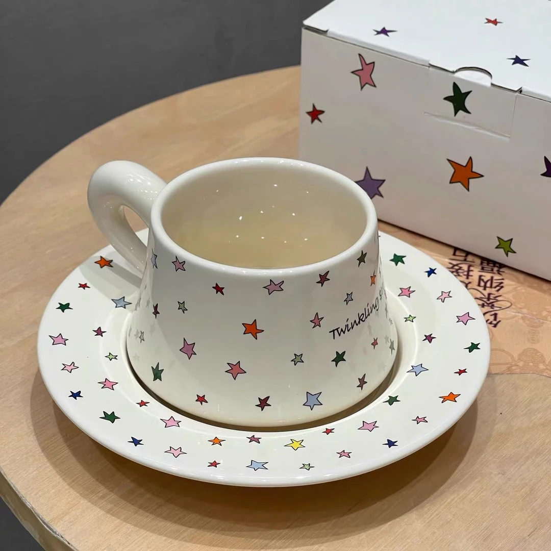 治愈系复古创意星星咖啡杯少女心可爱茶杯家用碟陶瓷杯子下午水杯