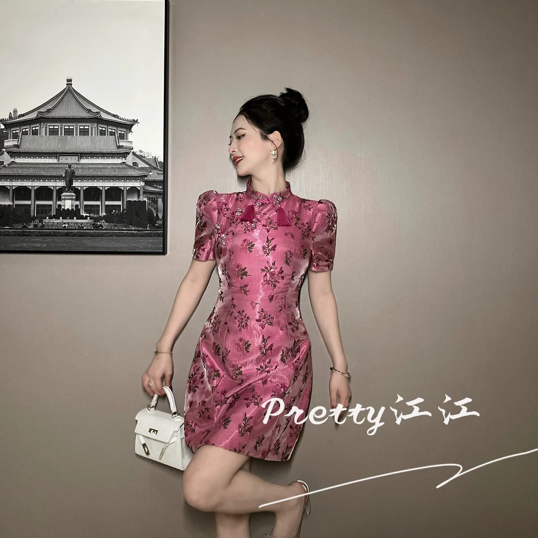 Pretty小众设计师品牌江江定制  新中式国风显瘦印花连衣裙80201