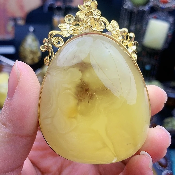 琥珀裸石银S925镶嵌坠