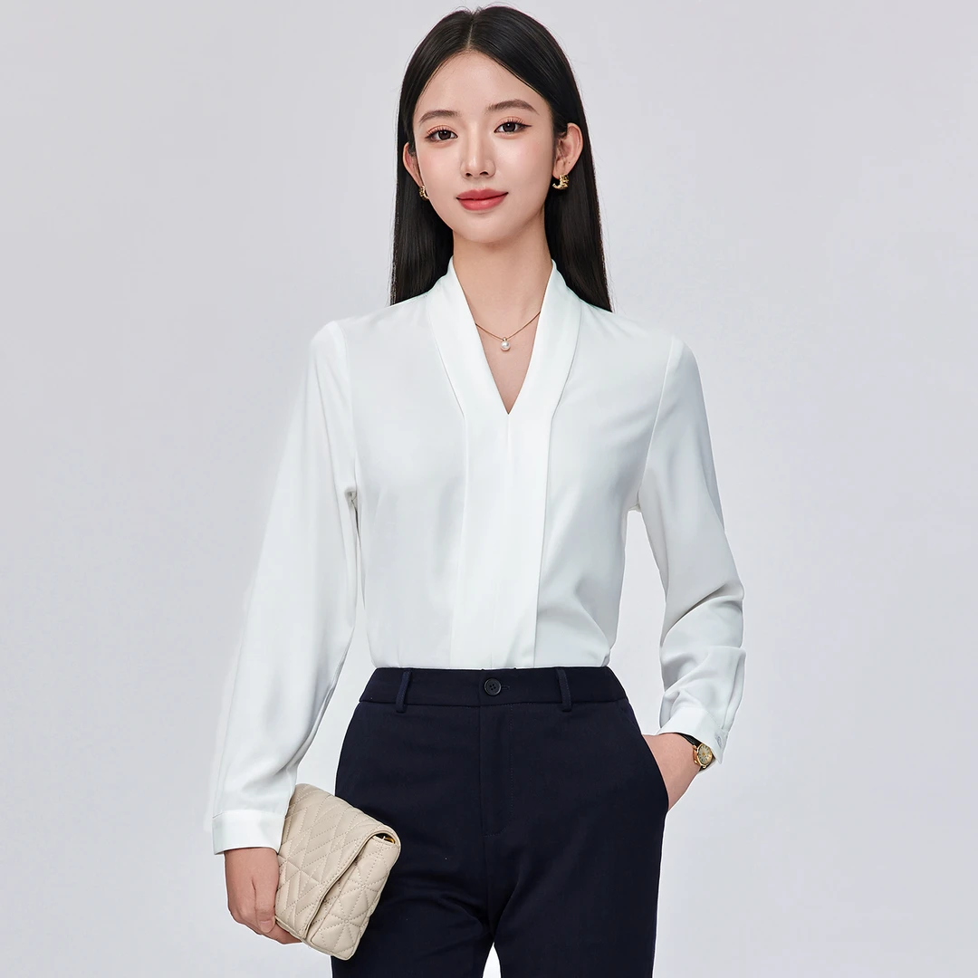 高级感V领衬衫女春秋新款长袖通勤面试正装上衣职业西装内搭衬衣