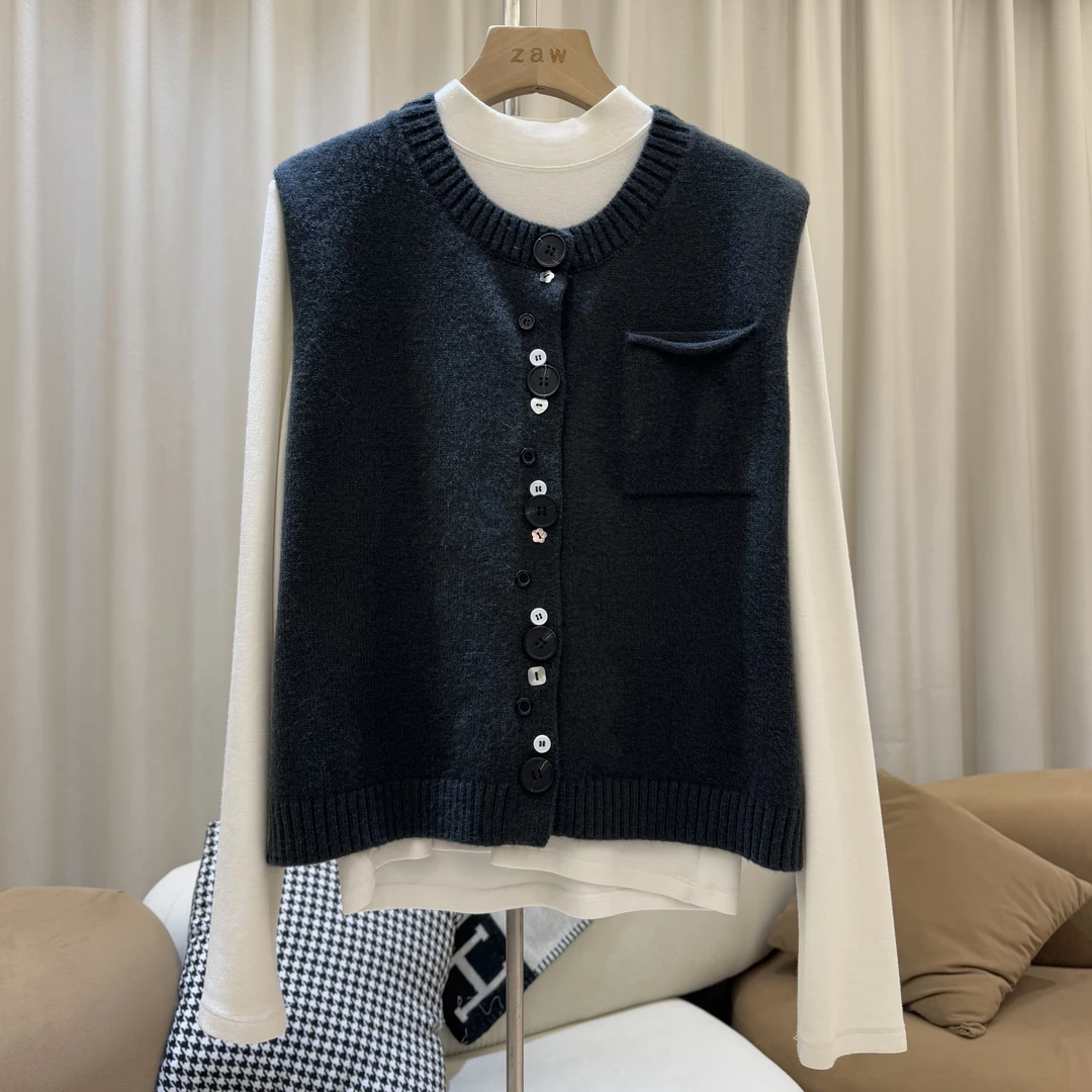 zaw大码胖妹妹彩扣针织毛衣开衫马甲女春秋宽松百搭背心/25018