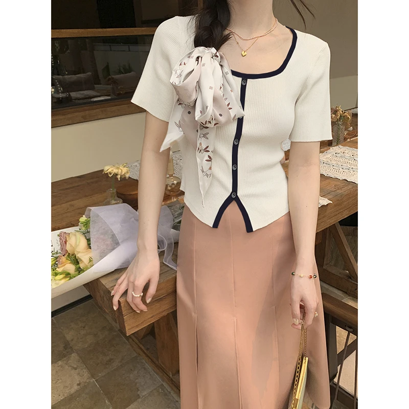 【白色】3039超柔软高品质法式方领短袖上衣