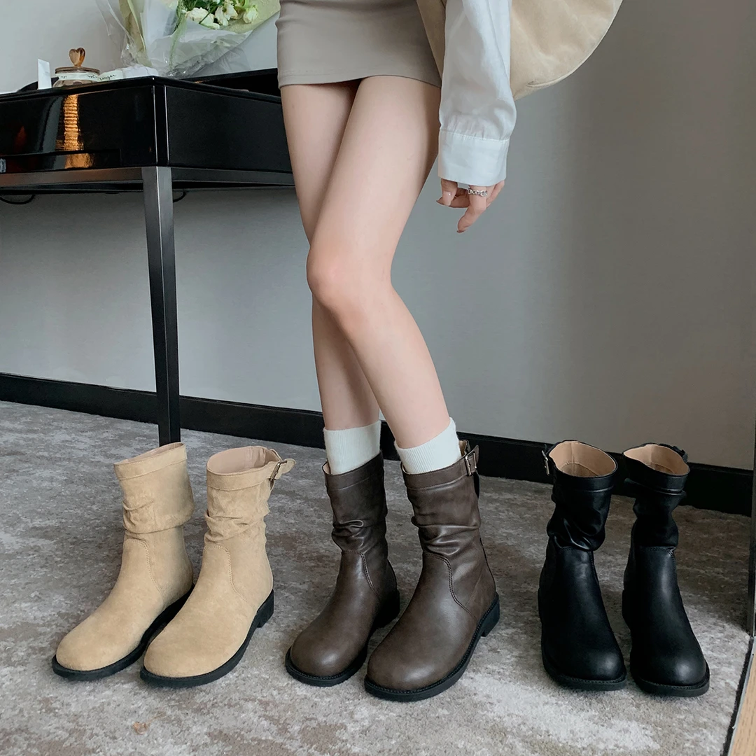 牛皮版~韩系圆头褶皱绒面粗跟厚底堆堆低帮短筒靴女2025年新款秋