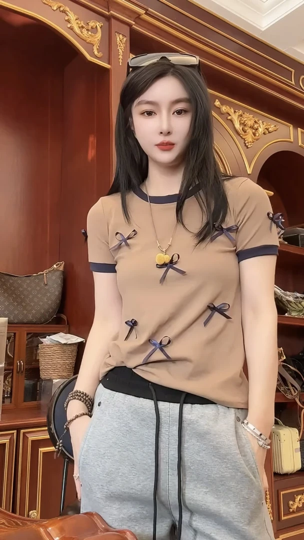欧货2025夏季新款美式拼接蝴蝶结棉短袖T恤女时尚修身正肩上衣