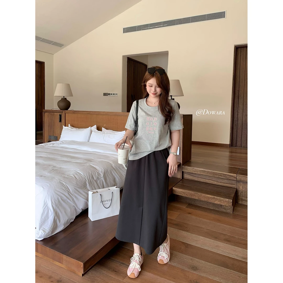 现货大婉酱微胖定制韩系高级感气质半裙夏款开叉直筒半身裙 7883D