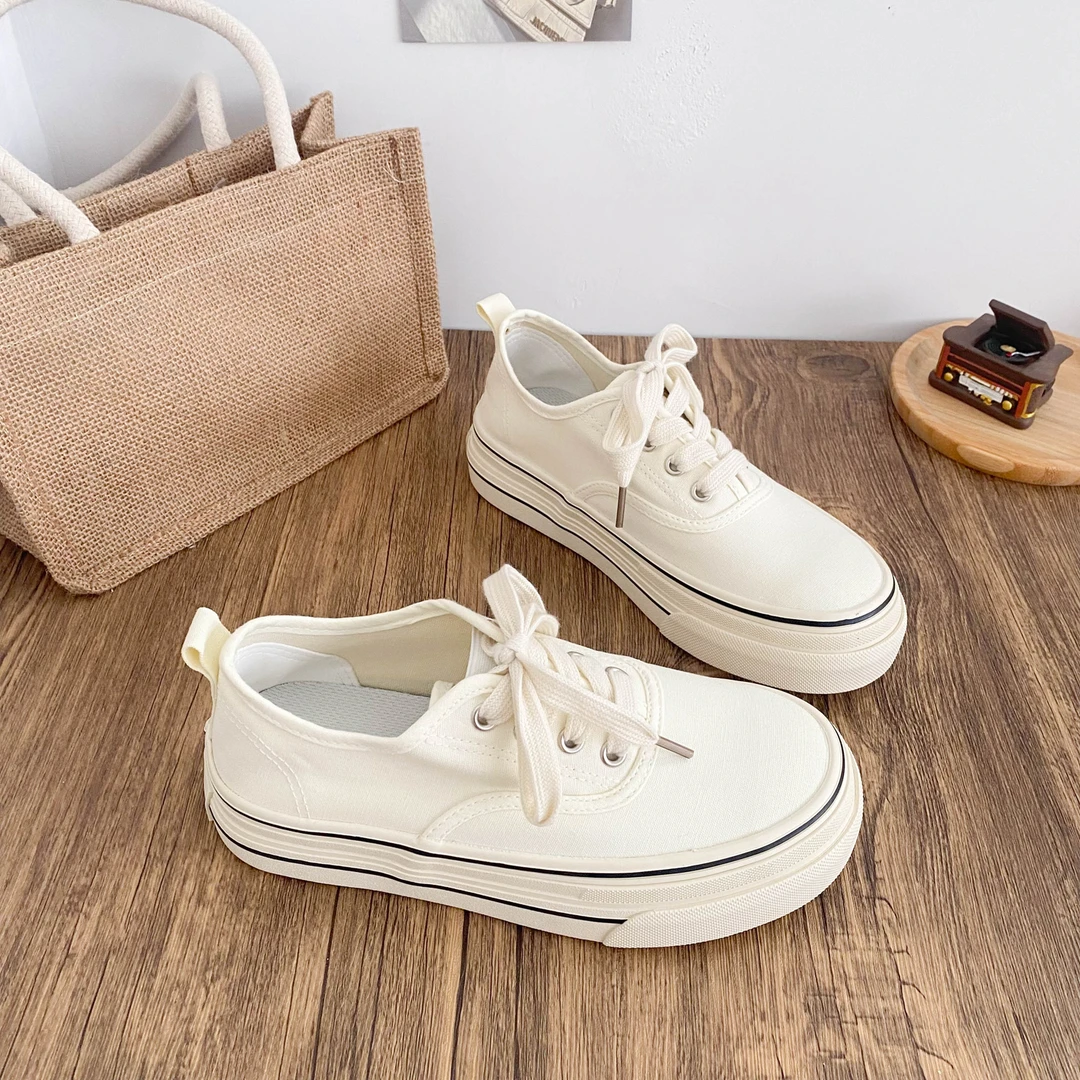 复古厚底帆布鞋女2025夏新款小众爆款6309港风chic小白鞋系带板鞋