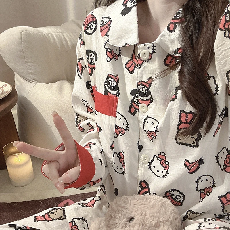 红色大头kitty带胸垫睡衣女春秋2025年新款秋冬季甜妹感家居服夏