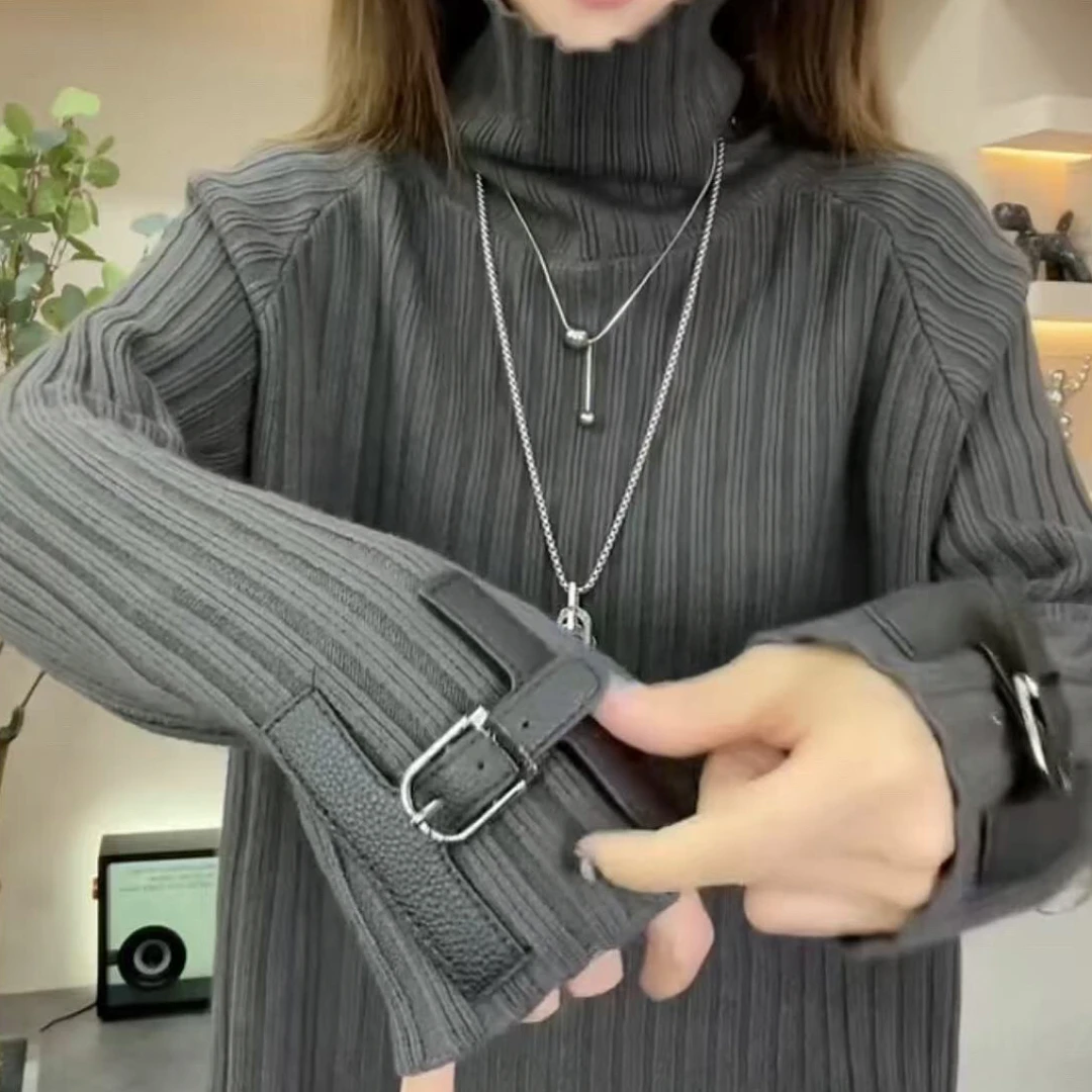 中长款休闲风套头宽松毛衣冬季毛针织衫拼接宽松型