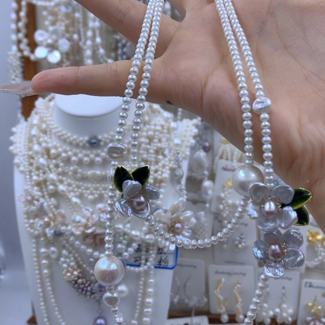 鱼***秒银S925镶嵌项链耳饰淡水珍珠