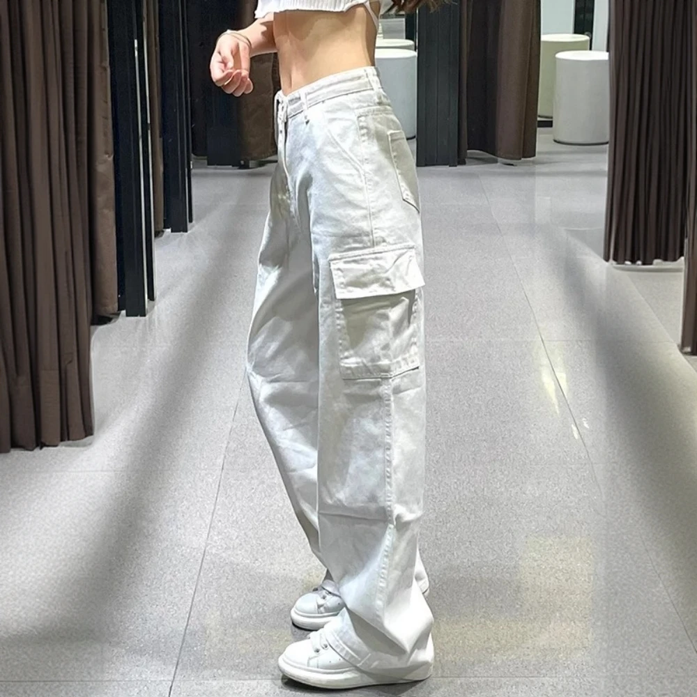 美式复古白色工装牛仔裤女秋季高腰显瘦休闲直筒阔腿裤长裤