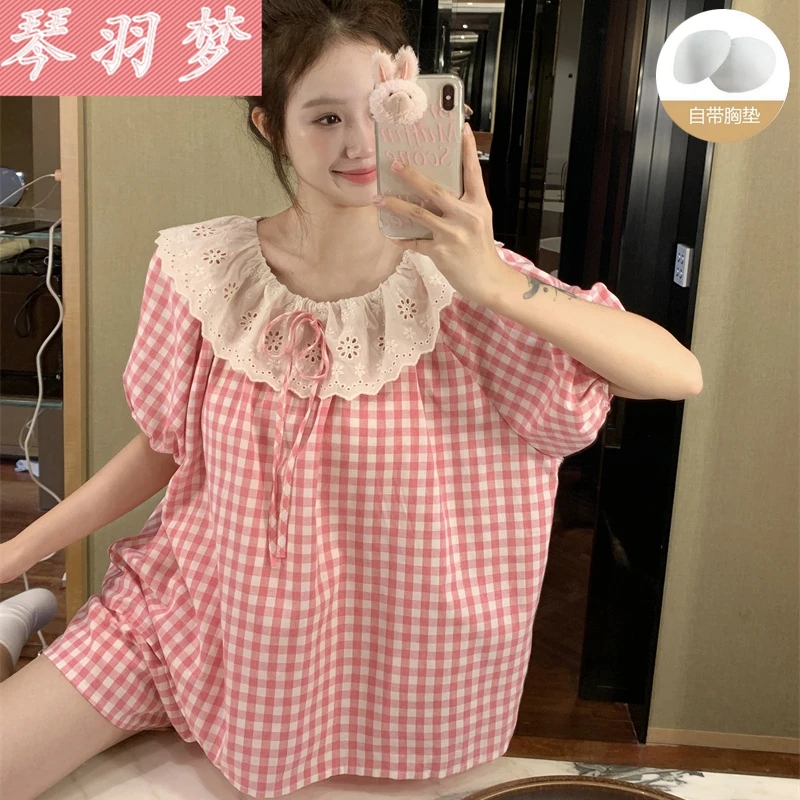带胸垫睡衣女春夏季短袖薄款甜美蕾丝格子云朵棉家居服套装可外穿