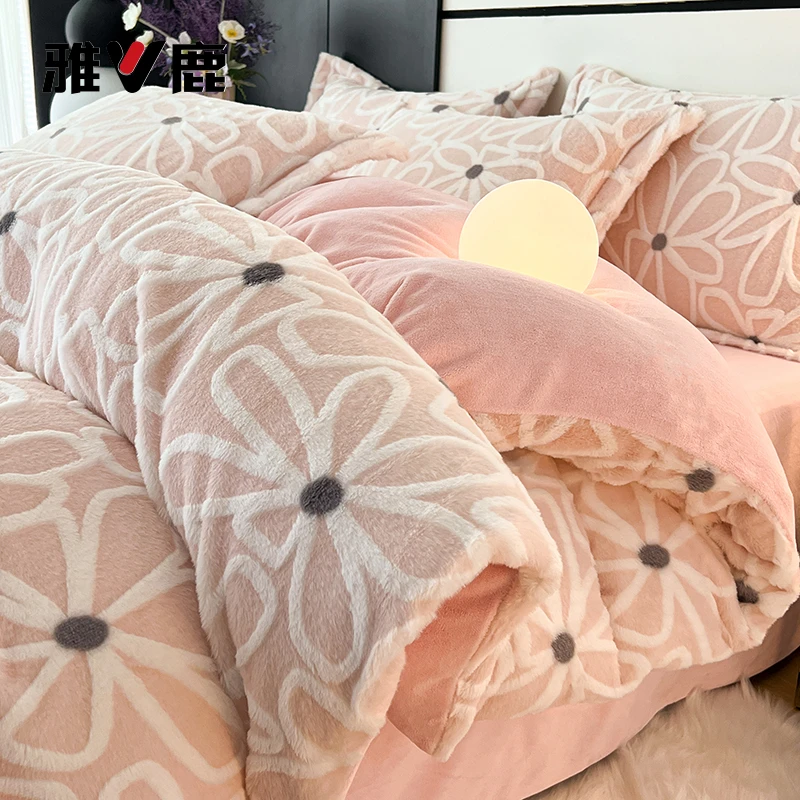雅鹿牛奶绒床上四件套双面绒冬季加厚珊瑚绒床单被套三件套可机洗