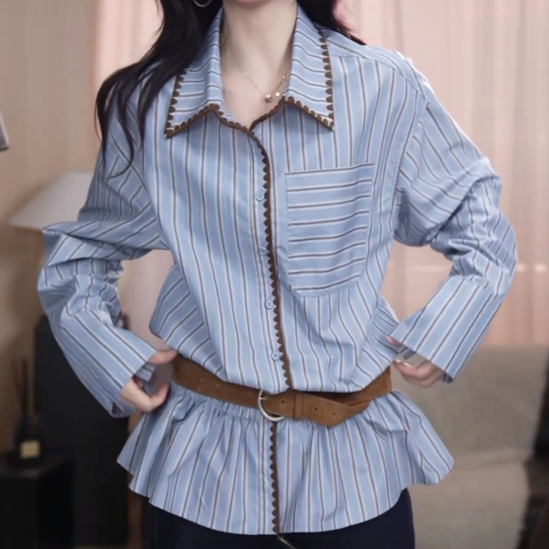 气质贝壳绣设计感条纹翻领衬衫2025夏季新款宽松休闲气质通勤上衣