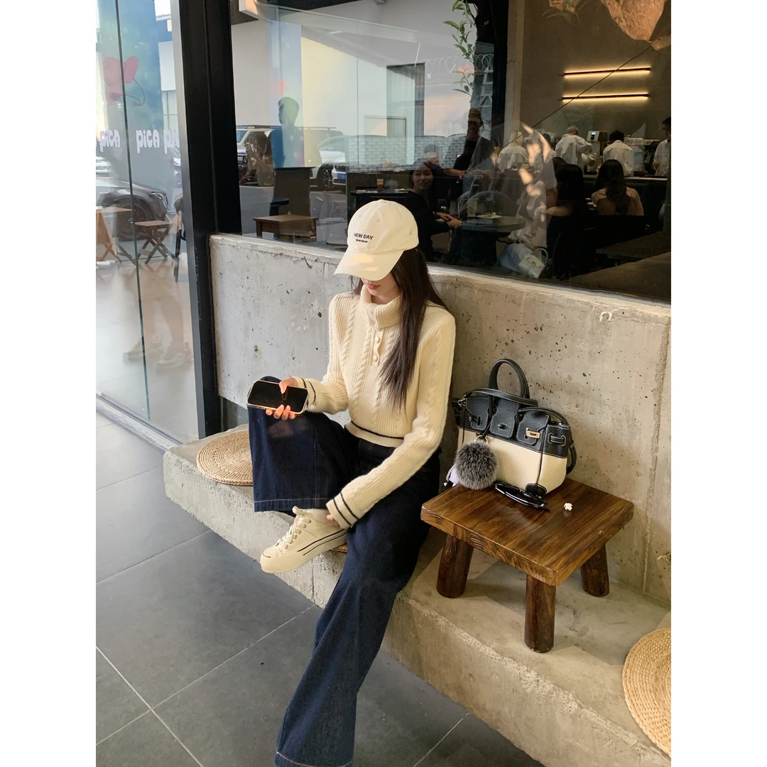 切糕自制【首尔通勤】小个子秋季流光风慵懒显瘦撞色麻花百搭毛衣