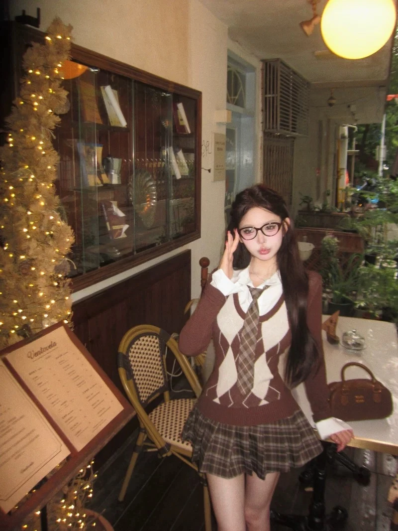 【南韩艺高】假两件菱格长袖针织衫女秋季显瘦半身裙短裙两件套