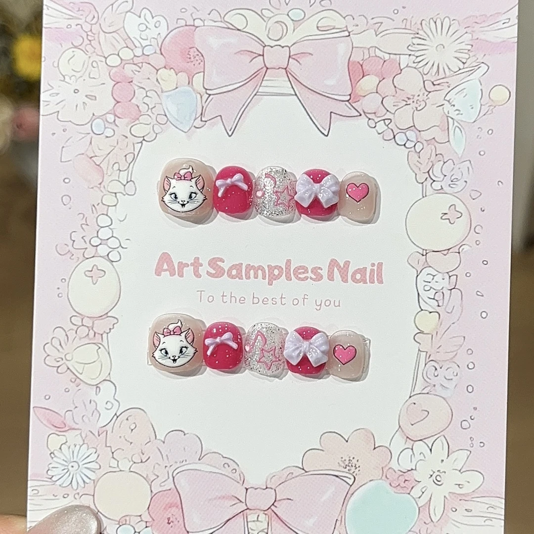 【汤姆玛丽】小孩甲ins可爱甜欲少女粉嫩猫咪蝴蝶结手工穿戴甲美甲