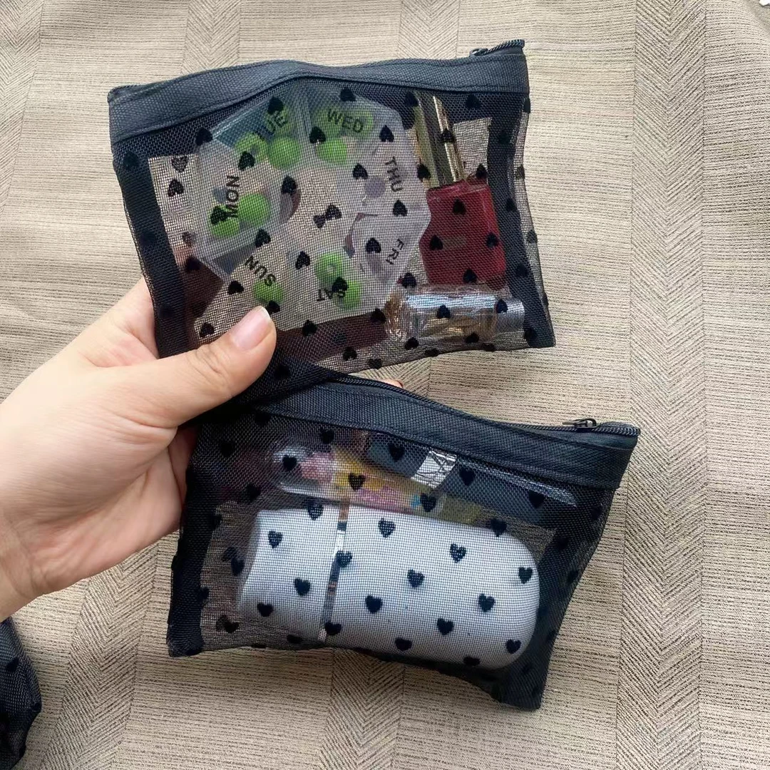 发5个【15×11.5】爱心植绒网纱透明收纳包