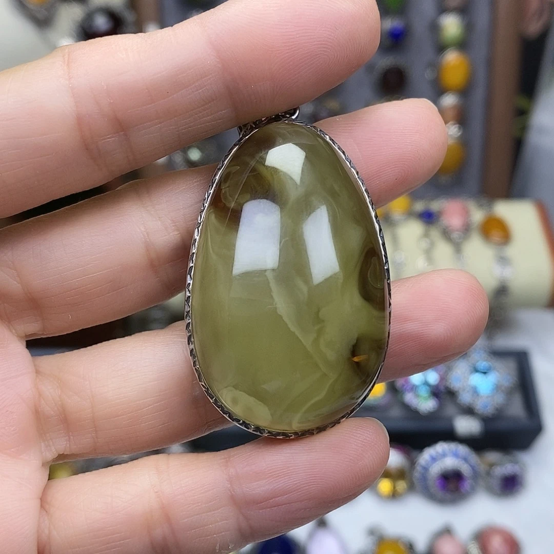 溪***岩925银大理石绿色大戒指