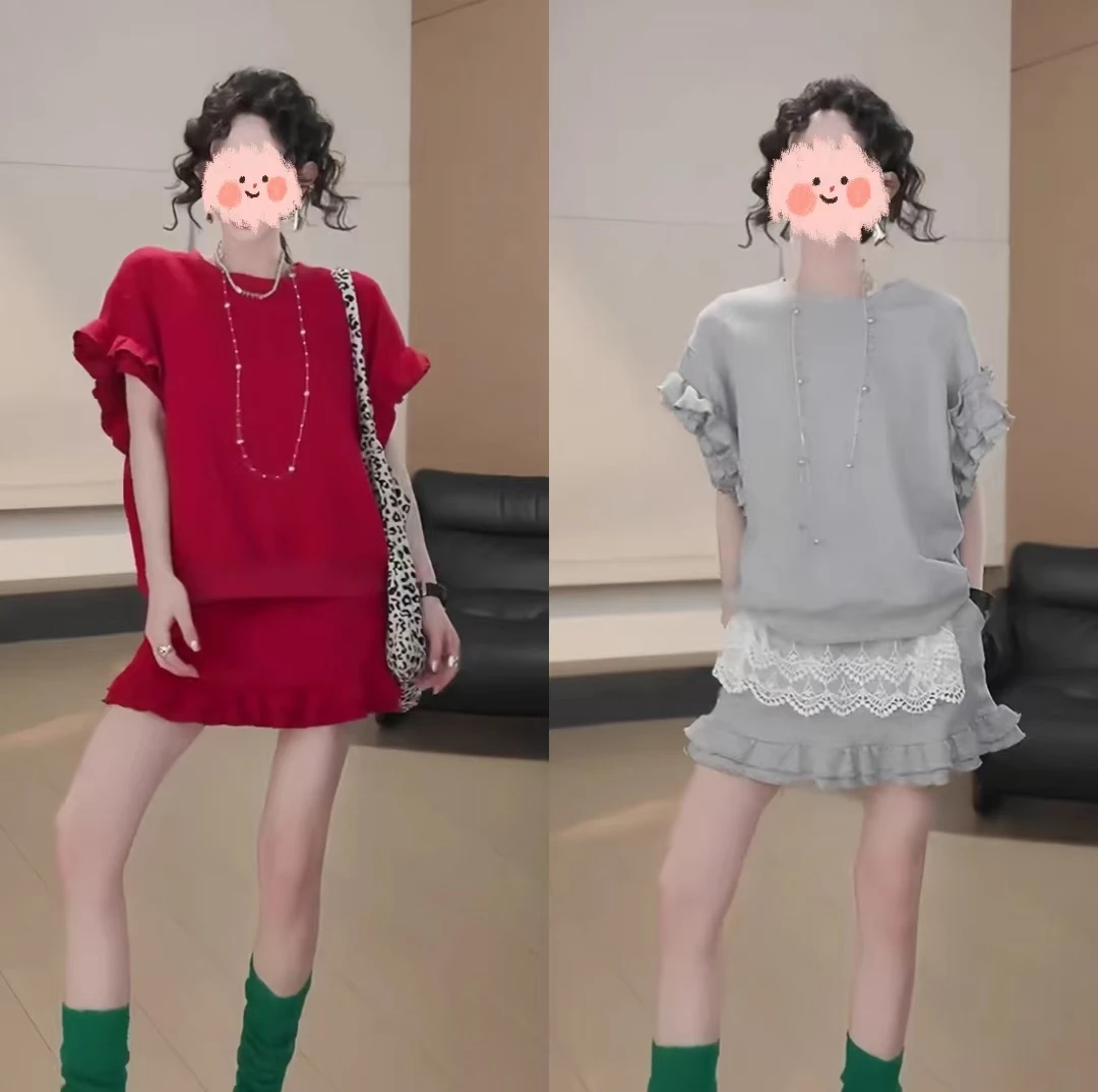 2025夏季新款韩版设计感休闲显瘦蛋糕花边短袖上衣高腰半身裙套装