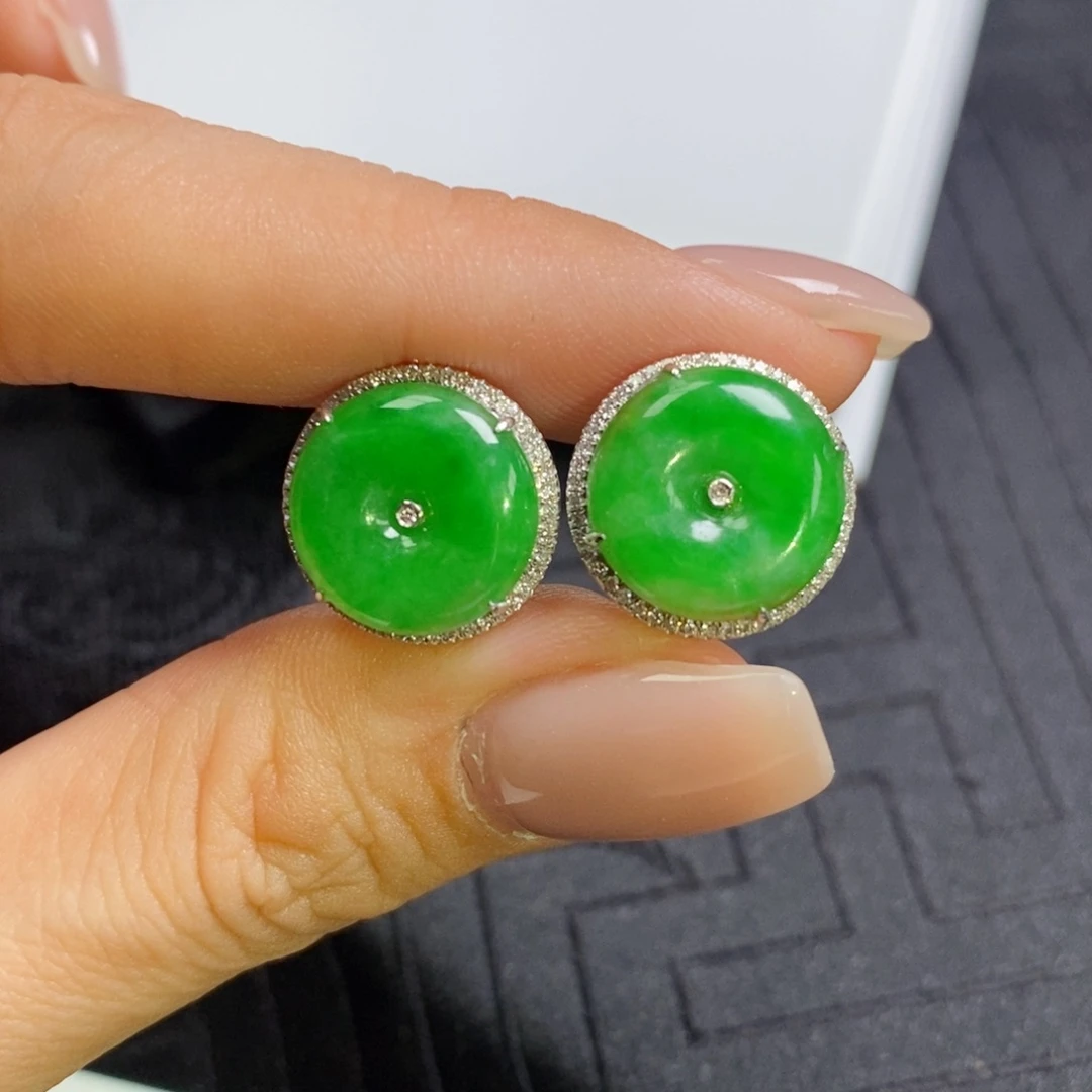 翡翠18K金镶嵌耳饰平安扣耳包