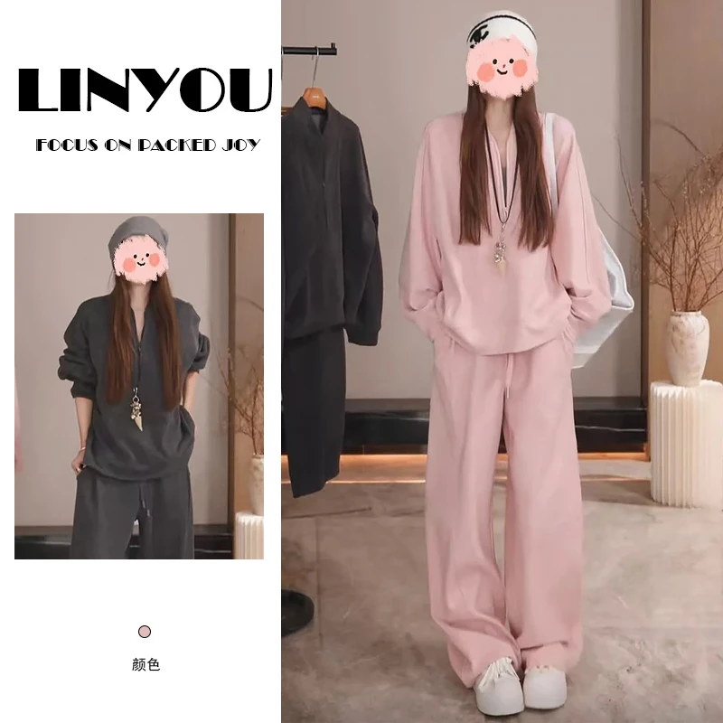 休闲运动套装女士2025春秋季新款宽松百搭卫衣高腰弯刀裤两件套潮