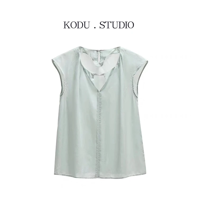 【刻度KODU】05-3396夏季新款韩版淑女小众薄款无袖圆领纯色衬衫
