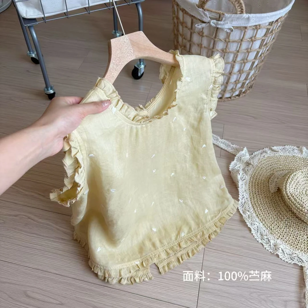 小柒家A00327-木耳边刺绣圆领苎麻衬衫夏季新款清新文艺气质短袖