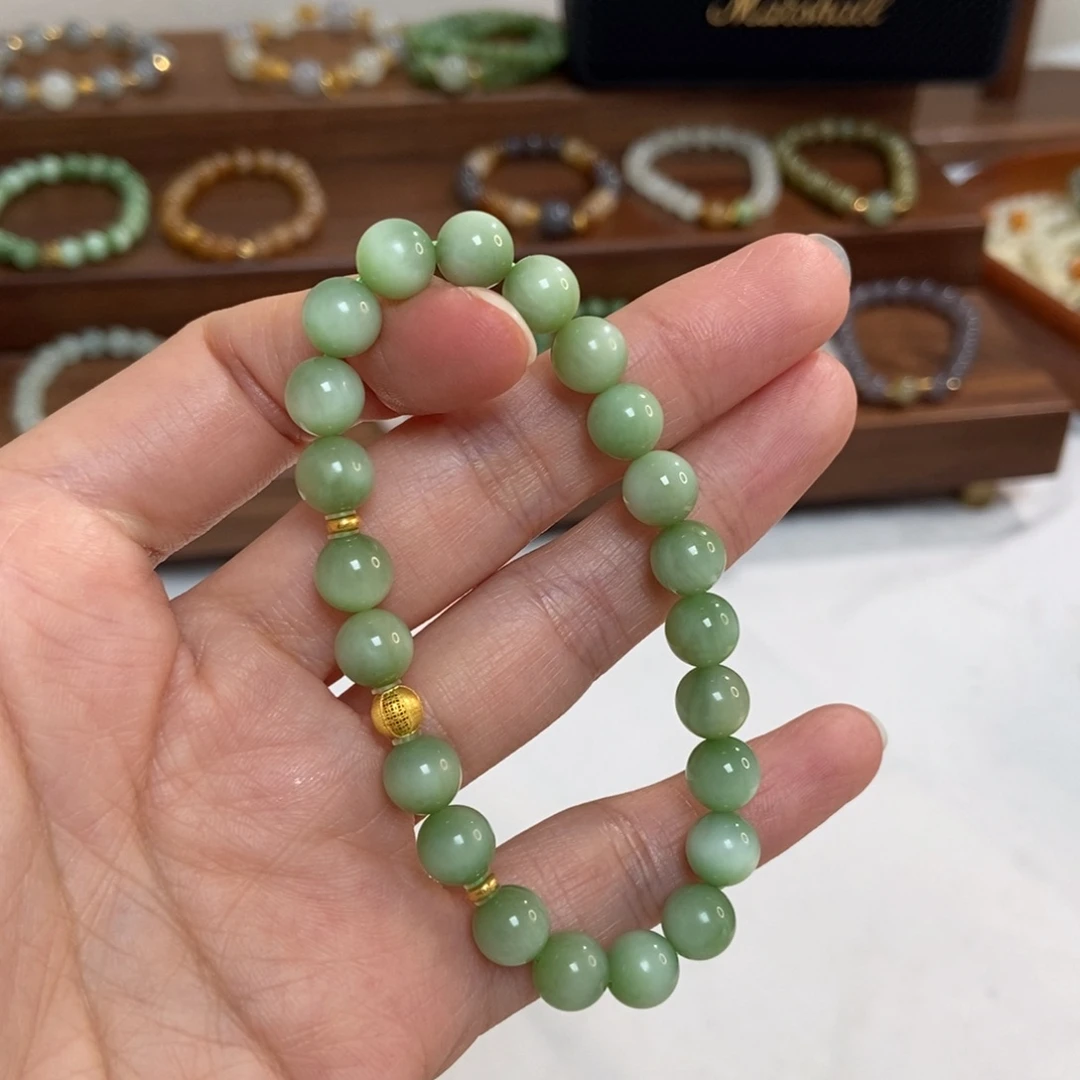 和田玉18K金镶嵌手链8mm黑阳洞碧玉猫精品